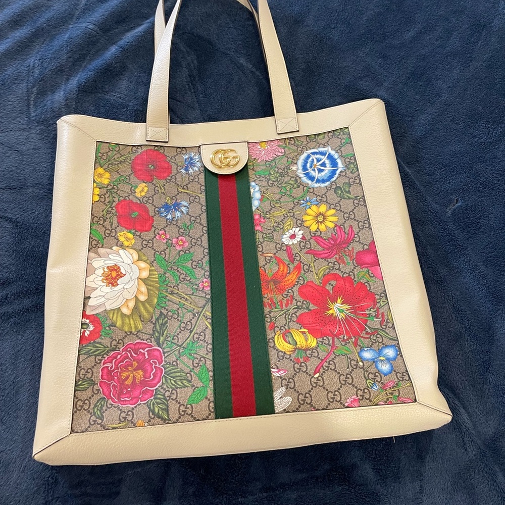 Gucci Beige Floral Tote with Red and Green Stripe